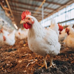 White Chicken Close-up in Farm, Poultry ,Livestock
