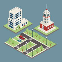 Isometric city landscape with buildings cars and trees vector illustration for urban design and architecture