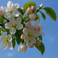 Beautiful and delicate apple flowers in the morning sun close up.  Apple blossom. Spring background.