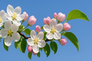 Beautiful and delicate apple flowers in the morning sun close up.  Apple blossom. Spring background.