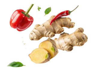 Fresh ginger root adds zesty flavor to dishes while red bell pepper and chili pepper enhance vibrant colors and taste
