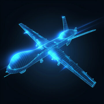 MQ 9 Reaper drone wireframe 3d model x-ray object illustration blue glowing