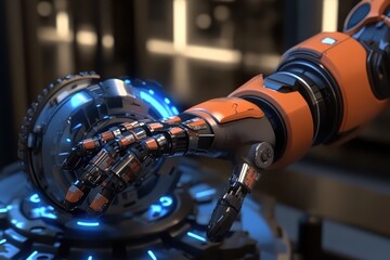 Close-up of a futuristic robotic arm interacting with a complex machine.