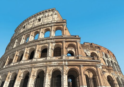 Ancient Roman Colosseum under clear blue sky showcasing iconic historical architecture and cultural heritage in daylight travel photography of famous landmark and classical engineering marvel