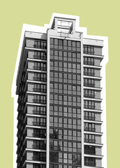 Building facade view. High rise glass structure with balconies, tall modern apartment and