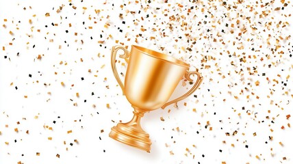 Golden trophy gleaming, confetti white symbolizing triumphant success against pristine cascading, backdrop