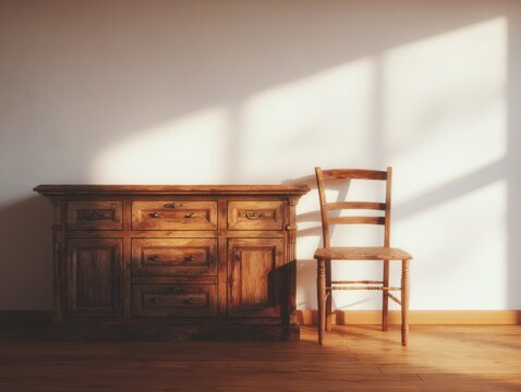 Wooden chest and chair in sunlit room - Powered by Adobe
