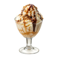 Creamy ice cream topped with crunchy bits in glass dish