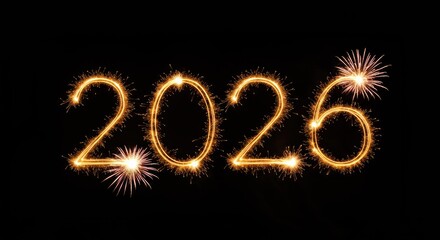 2026 written with glowing sparkler numbers above vibrant fireworks display. New year celebration for greeting card, banner, flyer, invitation. Firework border frame with copy space