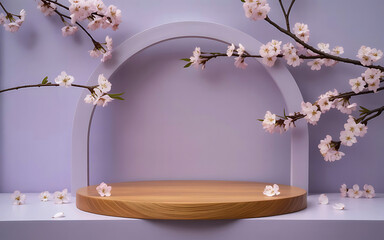 Delicate cherry blossom branches frame a minimalist wooden podium with a clear dome against a soft lavender background