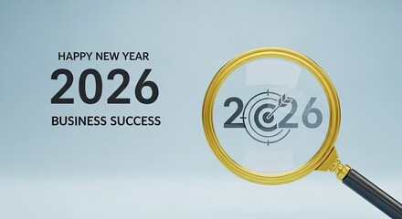 Happy New Year 2026 target vision — magnifying glass on goal setting and resolution success concept. Business strategy and budget planning for new year