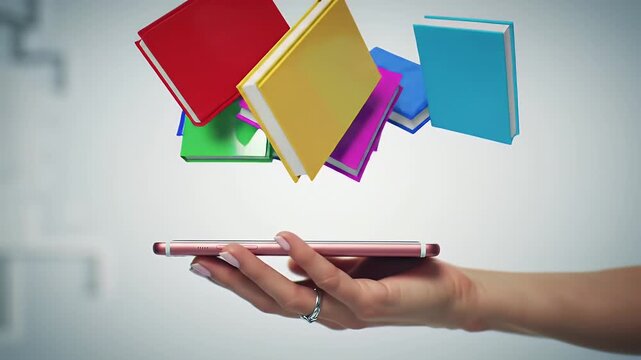 Books Floating Above Phone Held in Hand Against Grey Backdrop Technology Concept for Mobile Learning Ebooks and Digital Education