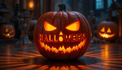 Obraz premium Spooky halloween pumpkin carvings cozy home photography festive atmosphere close-up view creative expression