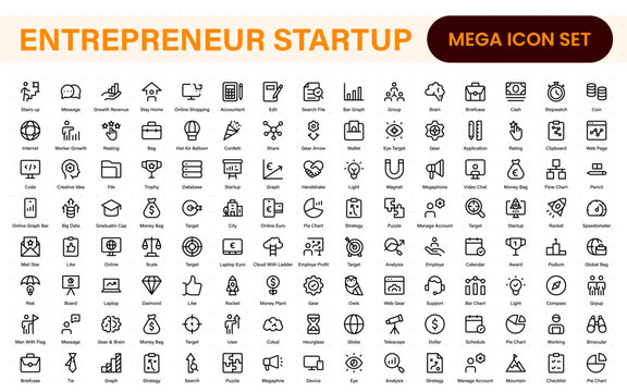 Entrepreneur Startup Icon Set. Minimal Thin Line Symbols for Digital Products, Finance, and Innovation. Editable Vector Icons for Designers.