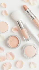 Makeup products, skincare bottles, and delicate pink white flowers artfully displayed on pristine white background, creating elegant beauty composition