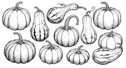 Hand drawn pumpkin and gourd collection for autumn harvest decor