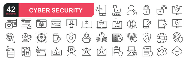 Set of line icons related to spyware, password, adware, spam alert, phishing, spam. Outline icons collection. Editable stroke. Vector illustration. stock illustration