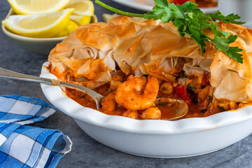 Prawn and chickpea pie topped with filo pastry