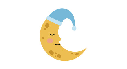 Whimsical crescent moon with sleepy face and blue nightcap
