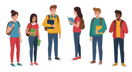Fototapeta premium Diverse group of students with backpacks and books in casual outfits o