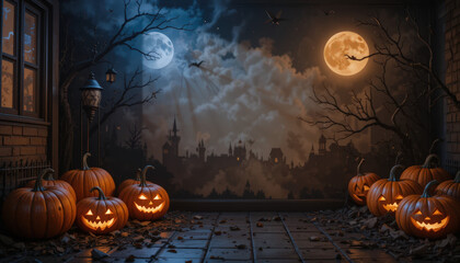 Spooky halloween night scene with jack-o'-lanterns abandoned urban setting digital art eerie atmosphere wide angle fantasy theme