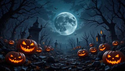 Fototapeta premium Halloween pumpkin display spooky graveyard digital art nighttime atmospheric eerie vibes