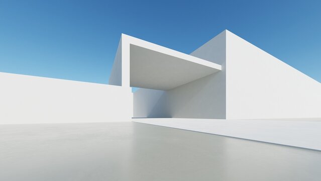 3d illustration of abstract modern architecture background, Minimal geometry architectural design, Car presentation backdrop with empty concrete floor, Geometric white blocks building design