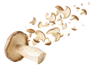 Fresh mushroom is beautifully captured in motion with slices flying away, showcasing its unique texture and form