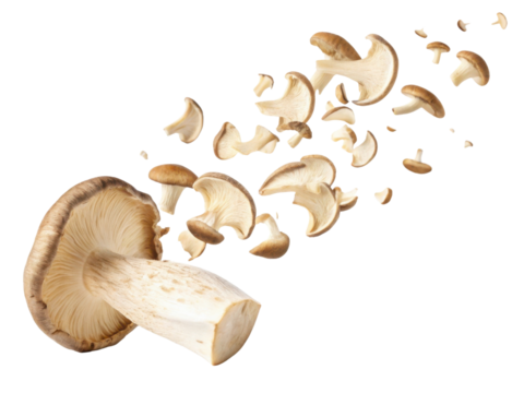 Fresh mushroom is beautifully captured in motion with slices flying away, showcasing its unique texture and form