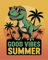 Naklejka premium Jurassic Cool: Sunglass-Wearing T-Rex Radiates Summer Vibes Under a Striped Retro Sunset, Dinosaur Summer T-shirt Vector Design