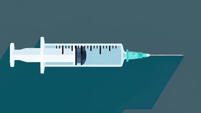 Stylized syringe with needle, medicine, and scale on a teal backdrop