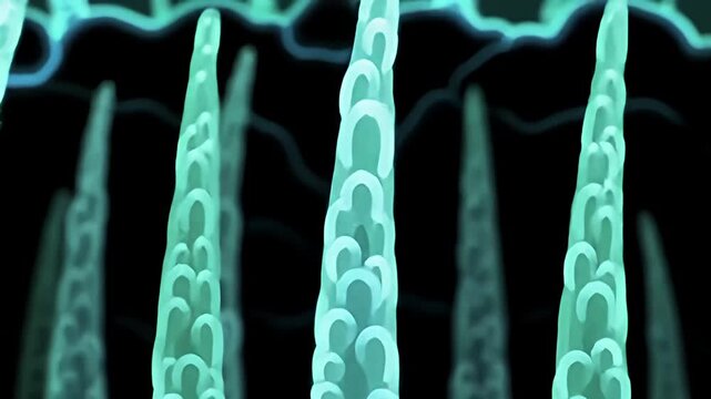 Turquoise stalactites with horseshoe markings descend in a dark, blurred scene