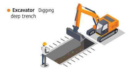 Excavator digging a trench with a construction worker overseeing the excavation process in isometric view