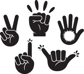 Fototapeta premium Creative Painted Hands Icon Pack Black Filled Vector of Artistic Gestures with Paint Victory, Power Fist, Open Hand, and Painted Fingers