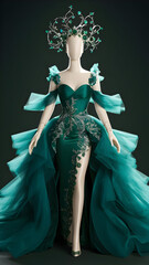 Elegant fantasy gown in emerald green with flowing fabric layers and intricate headpiece design