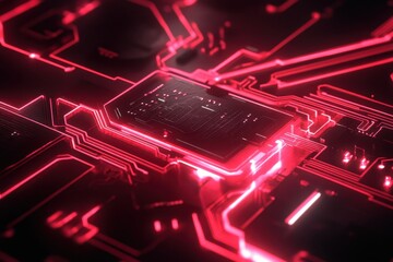 Glowing red circuitry illuminates a central microchip, intricate pathways and glowing nodes forming a complex technological network