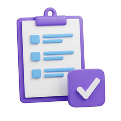 3d icon of a 3d illustration of a purple clipboard with a checklist and a checkmark icon isolated on transparent background