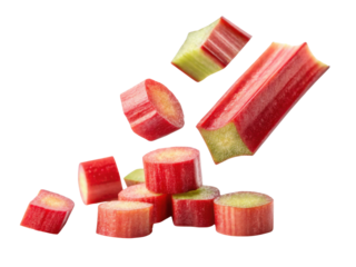 Fresh rhubarb pieces in vibrant red and green colors create lively display, showcasing their unique texture and natural beauty