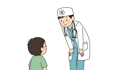 Fototapeta premium A friendly doctor bends down to talk to a child, a heartwarming illustration of healthcare.
