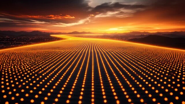 Golden pathway across a landscape at sunrise.  A network of glowing, orange-yellow dots forming parallel lines, creating a stylized road or pathway