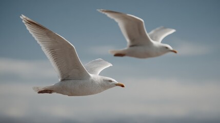 Fototapeta premium Two white seagulls flying in blue sky with blurred clouds captured in dynamic close-up perspective perfect for travel photography, nature backgrounds and freedom themed visuals