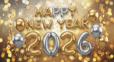 Happy New Year 2026 balloon inscription with golden and silver foil letters, confetti, sparklers, and bokeh light. New year celebration.