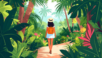 Woman Hiking Tropical Jungle Path.