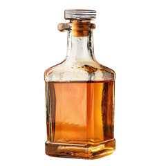 Amber liquid in a square glass bottle with a stopper