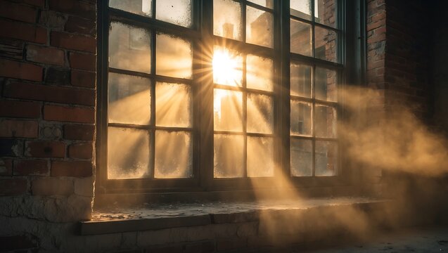 Golden sunbeams stream through old paned window creating a warm and inviting atmosphere