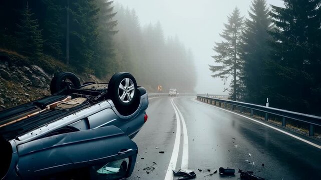 Car crash with vehicle overturned on a misty mountain road, debris scattered, accident scene footage.