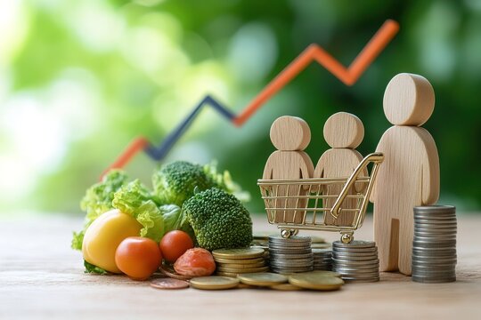 Wooden figurines of a family stand beside a miniature shopping cart filled with produce and stacks of coins, with an upward trending graph in the background. This symbolizes family financial growth a.