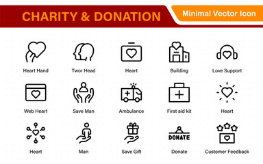 Charity and donation icon set. charity and donation icon set, Help, volunteer, donated assistance, sharing, and solidarity symbol. Outline icons  collection.