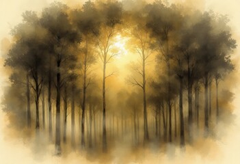 Fototapeta premium A misty forest path at dawn, rendered in muted gold and brown tones, with the sun partially visible through the trees, creating a hazy, dreamlike atmosphere. 