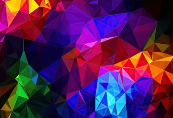 Obraz premium An abstract artwork composed of vibrant, multicolored triangles, creating a low-poly effect. The colors are intensely saturated, ranging from deep purples and blues to bright oranges and greens, 